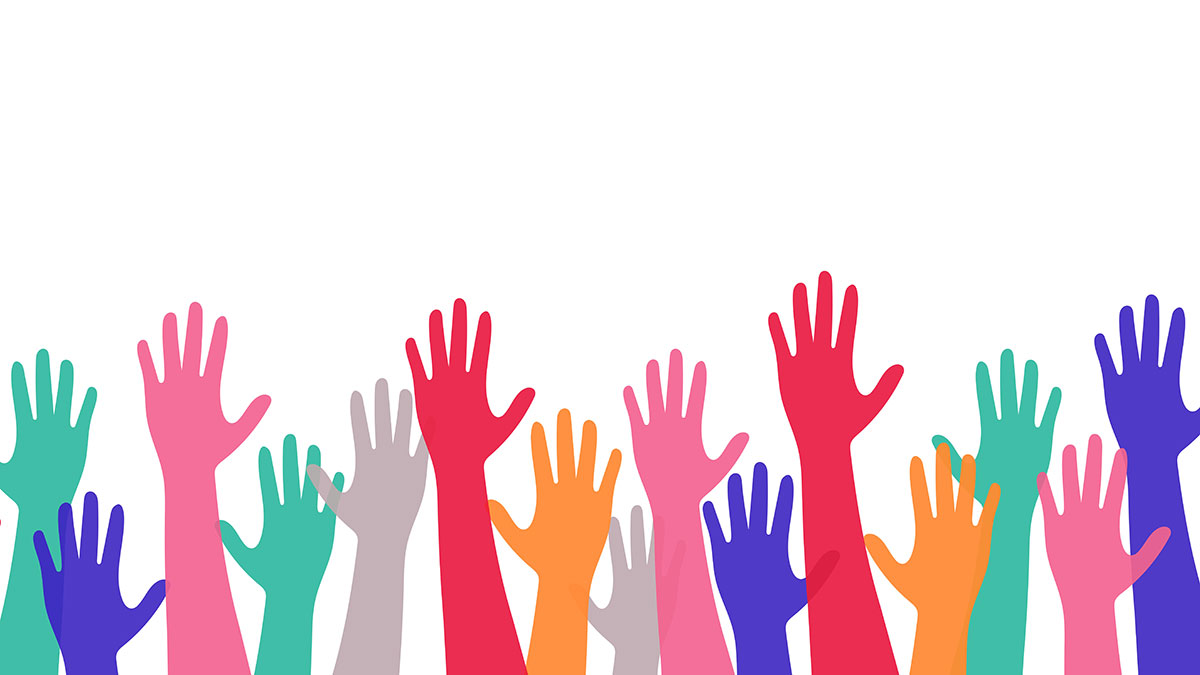 Graphic illustration of arms in rainbow colors with hands outstretched reaching up from the bottom of the frame.